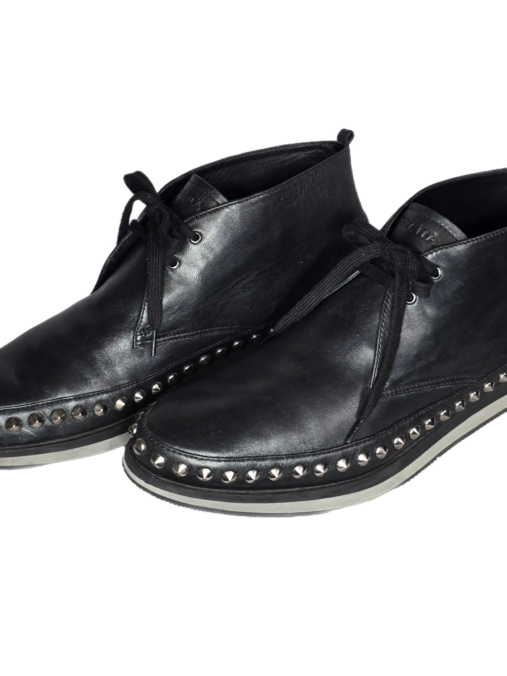Prada Studded Chukka Boots Size 11 Black Leather Silver Studded Mens Designer